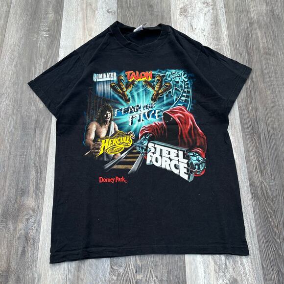 Vintage 90s y2k Black Dorney Park Roller Coasters‎ Graphic Tee T-shirt Mens M - Picture 1 of 7